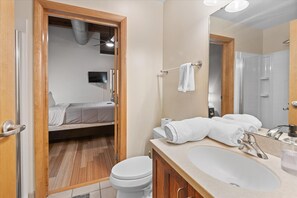 Shower, hair dryer, shampoo - Top Floor Loft in Downtown Indianapolis!!! (Indianapolis)