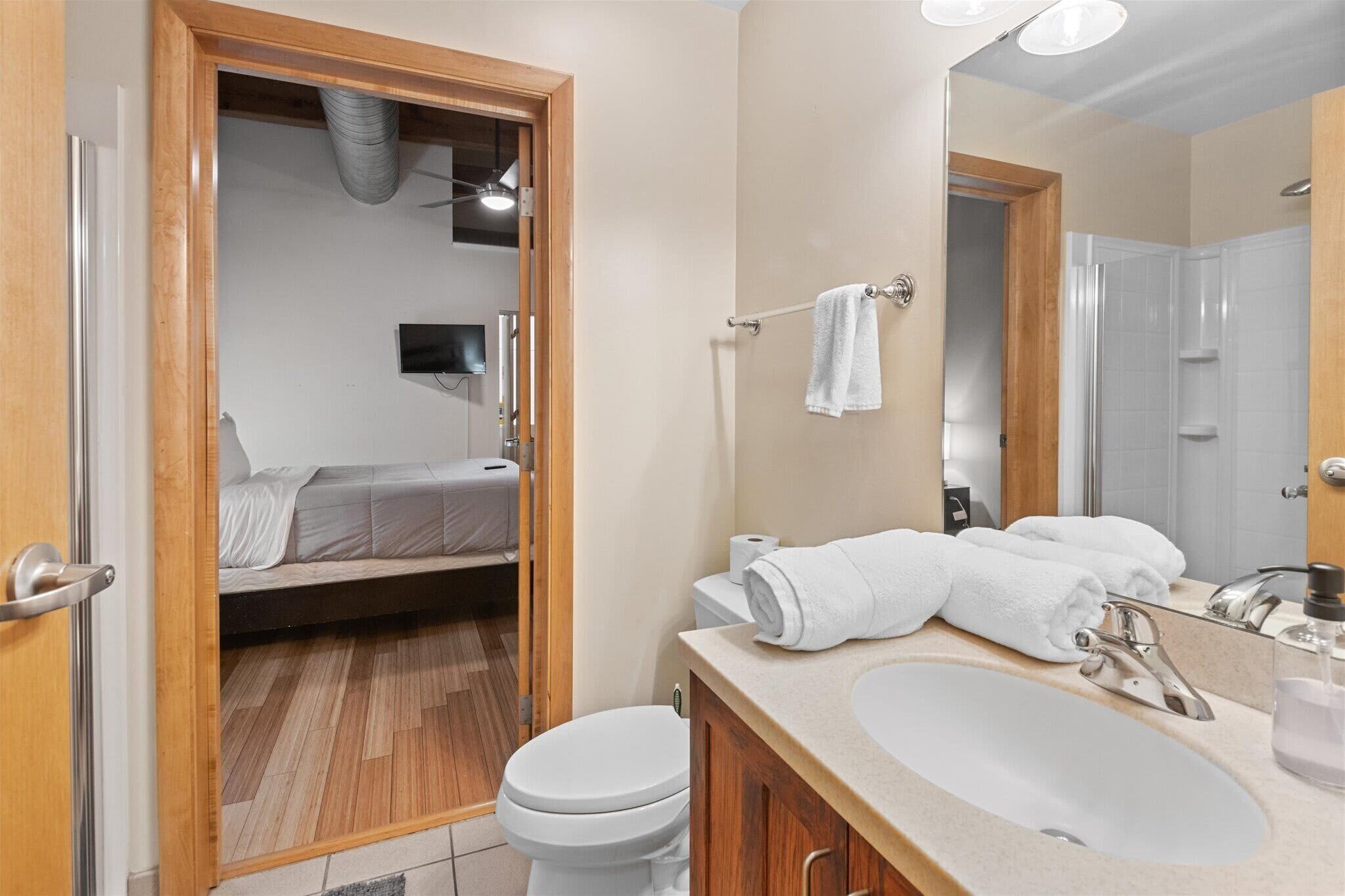 Shower, hair dryer, shampoo