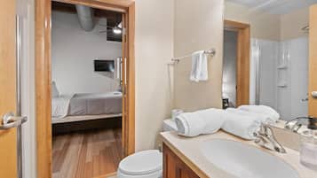 Shower, hair dryer, shampoo