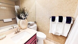 Combined shower/bathtub, hair dryer, towels, toilet paper