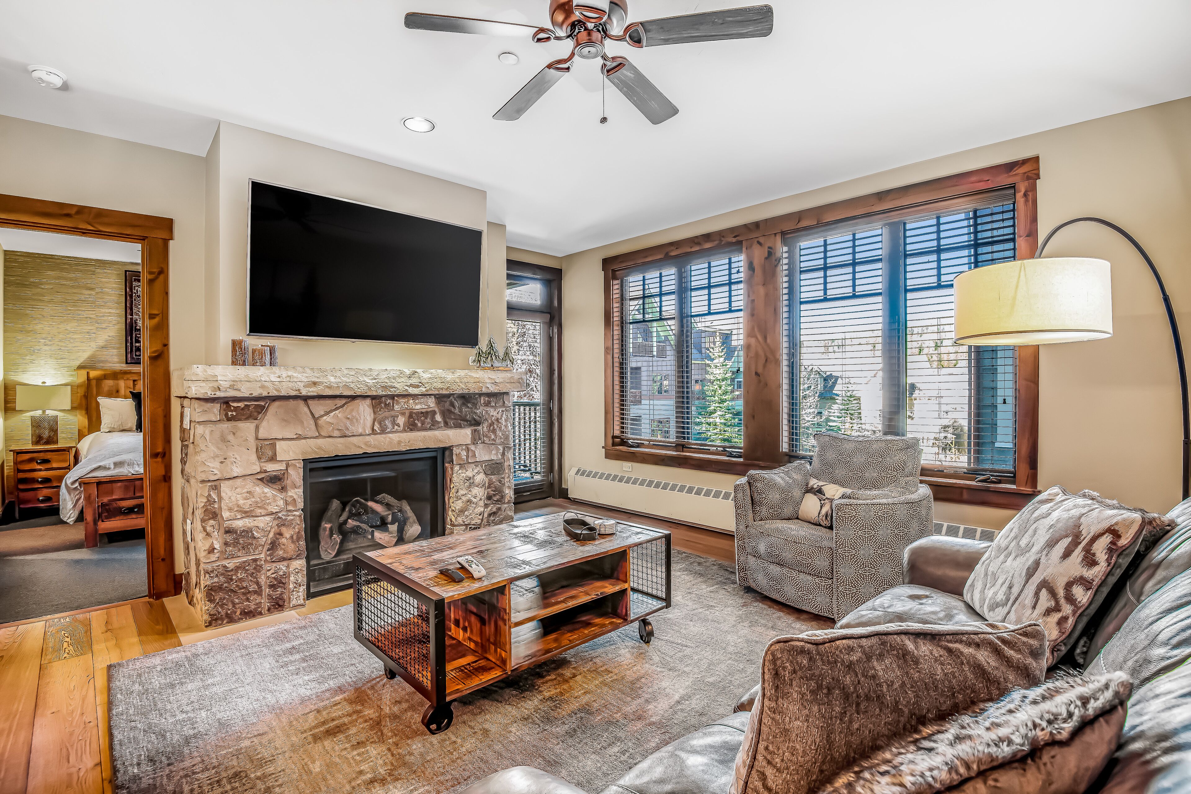 Télévision, cheminée, lecteur de DVD