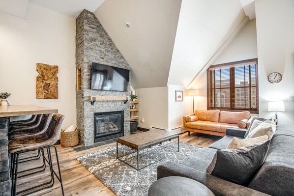 Televisión, chimenea y reproductor de DVD 