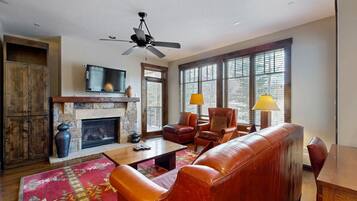 Een televisie, een open haard en een dvd-speler