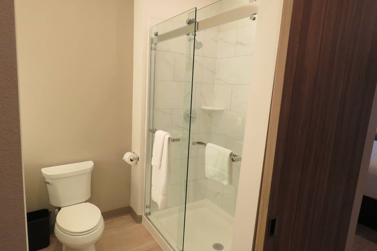 suite, 2 queen beds, non smoking | bathroom | shower, hydromassage showerhead, designer toiletries, hair dryer