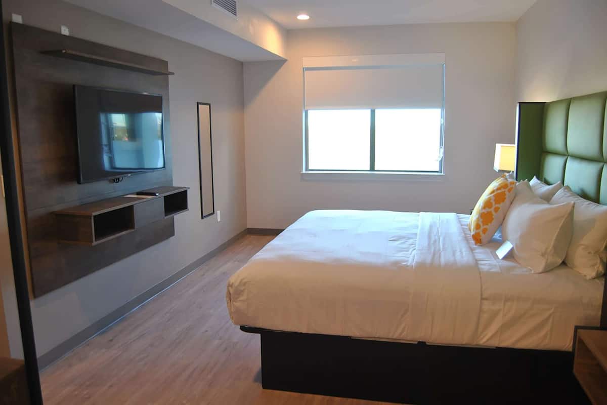 Een moderne hotelkamer met een groot bed, een flatscreen televisie aan de muur, een raam met zonwering en een groen gestoffeerd hoofdeinde.