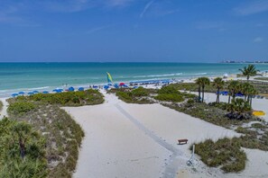 A beach with a sandy path leading to the water, surrounded by greenery and palm trees.