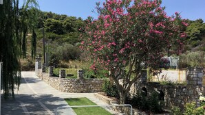 A paved pathway with stone walls and a grassy area, leading to a stone bridge. - Adult Only - Hotel Suzanna (Skiathos)