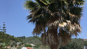 A patio area with a white swing bench, a stone wall, a palm tree, and a view of houses in the background. - Adult Only - Hotel Suzanna (Skiathos)