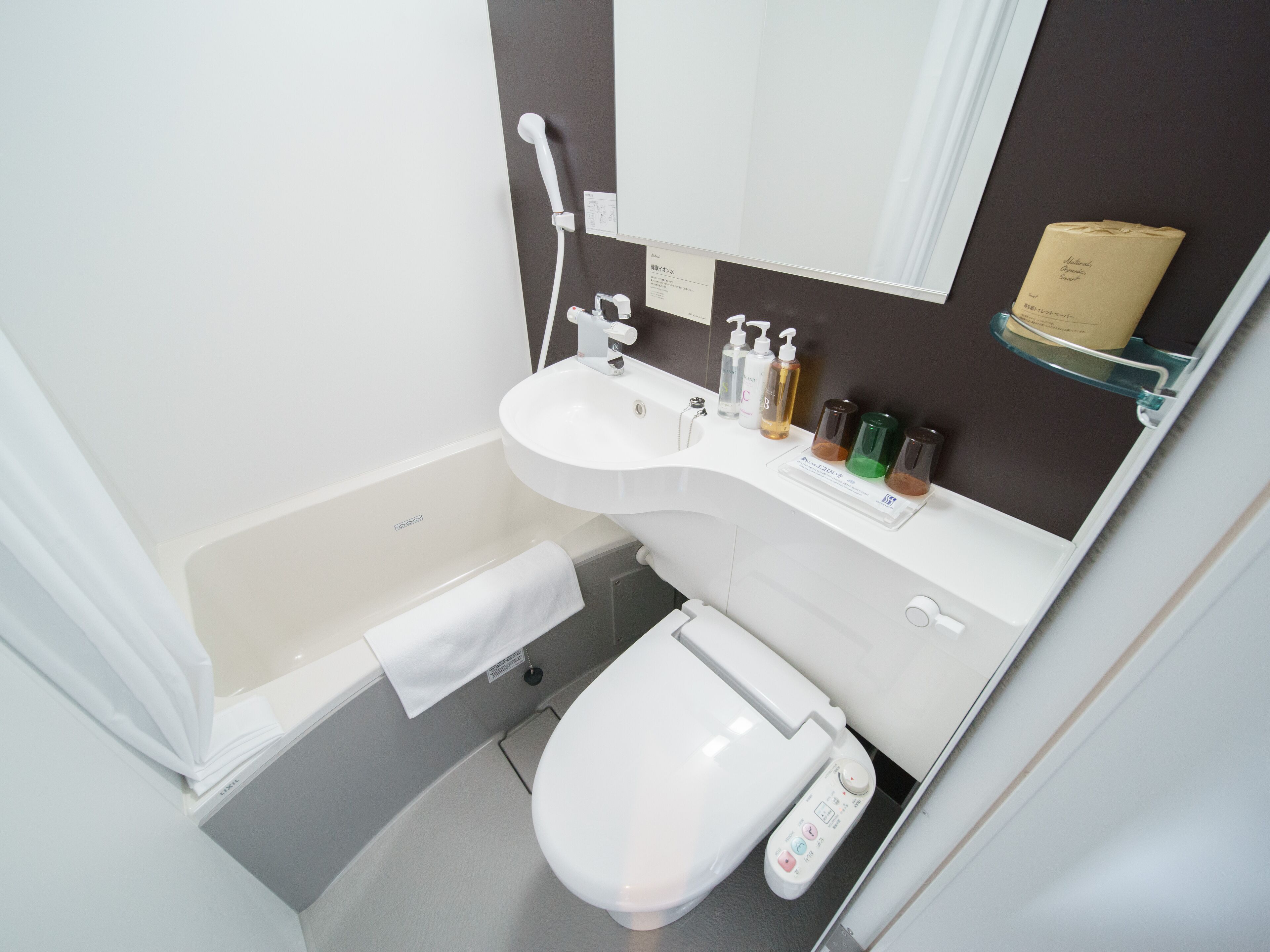 combined shower/bathtub, free toiletries, hair dryer, bathrobes