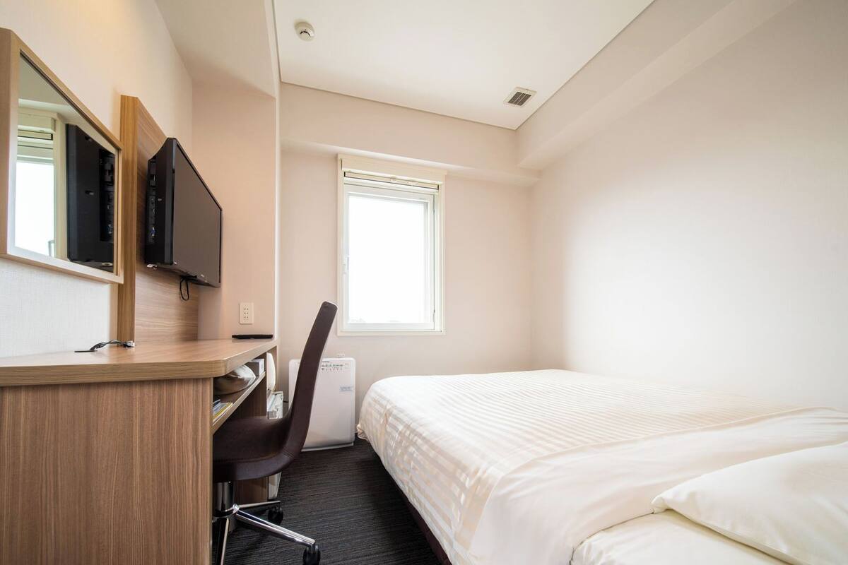 Una habitación de hotel con una cama, un escritorio con una silla, un televisor y una ventana.