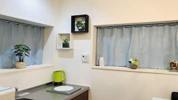 Fridge, microwave, stovetop, electric kettle