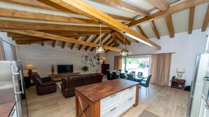 A spacious living area with a wooden ceiling, a central island with drawers, a sofa, and a TV. - Villa Idassa (Policnik)