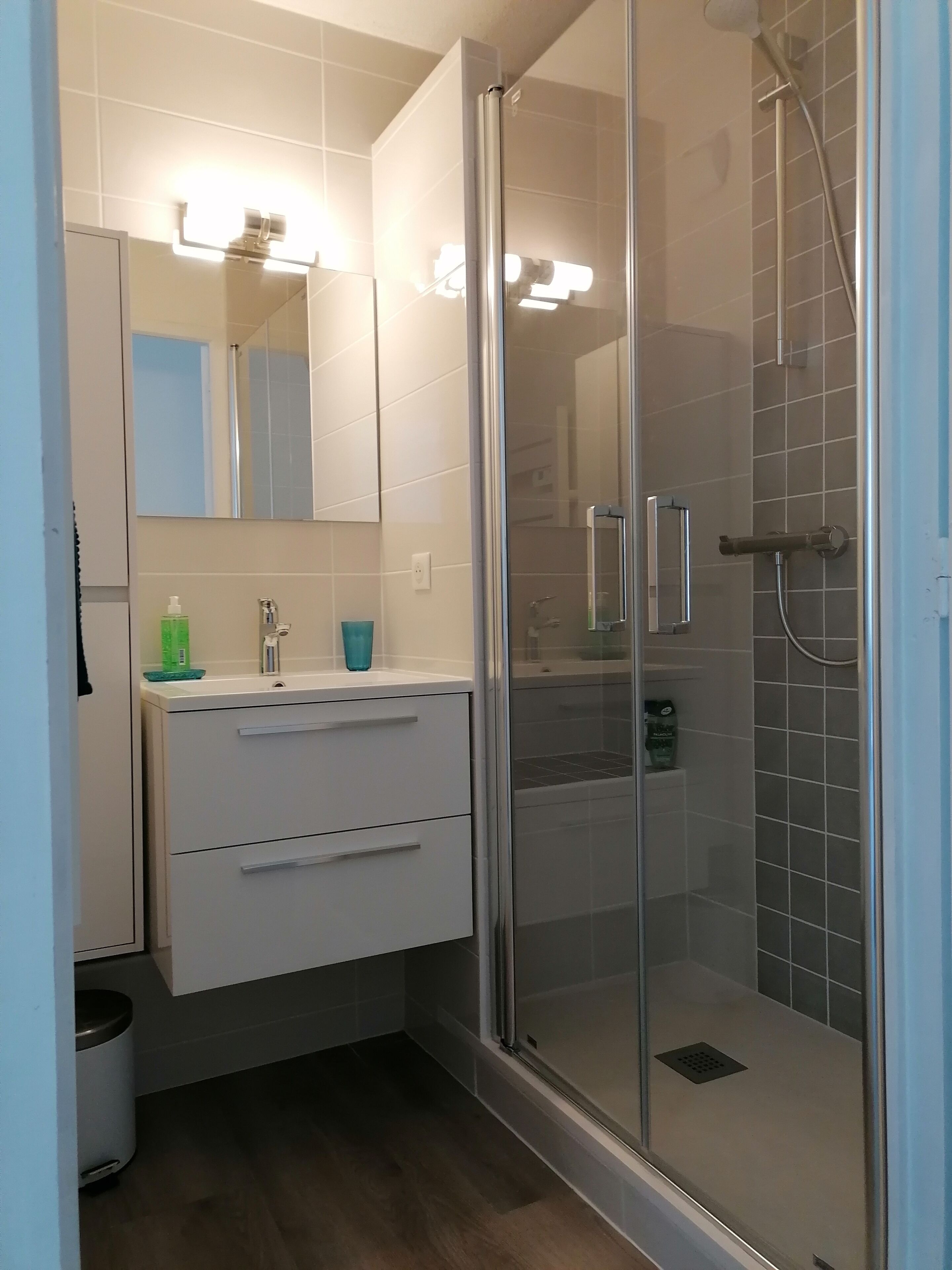 Douche, sèche-cheveux, serviettes fournies, savon
