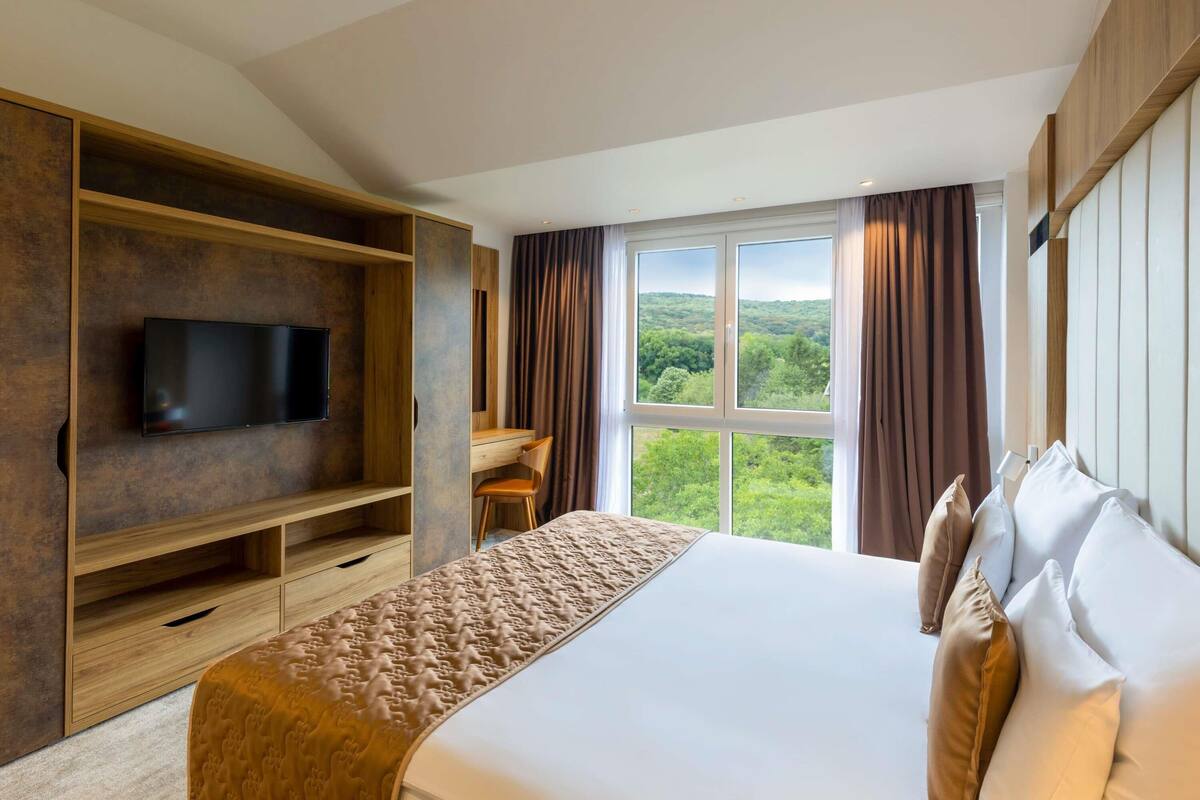 A bedroom with a bed, a TV mounted on a wooden cabinet, a desk, and a large window with curtains.
