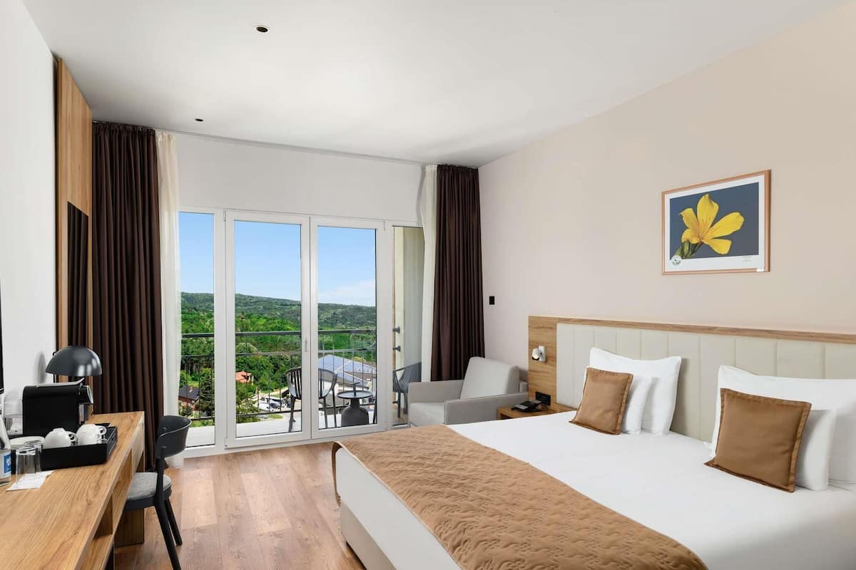 A hotel room with a bed, a desk with a lamp, a chair, a nightstand, and a view of the outdoors.
