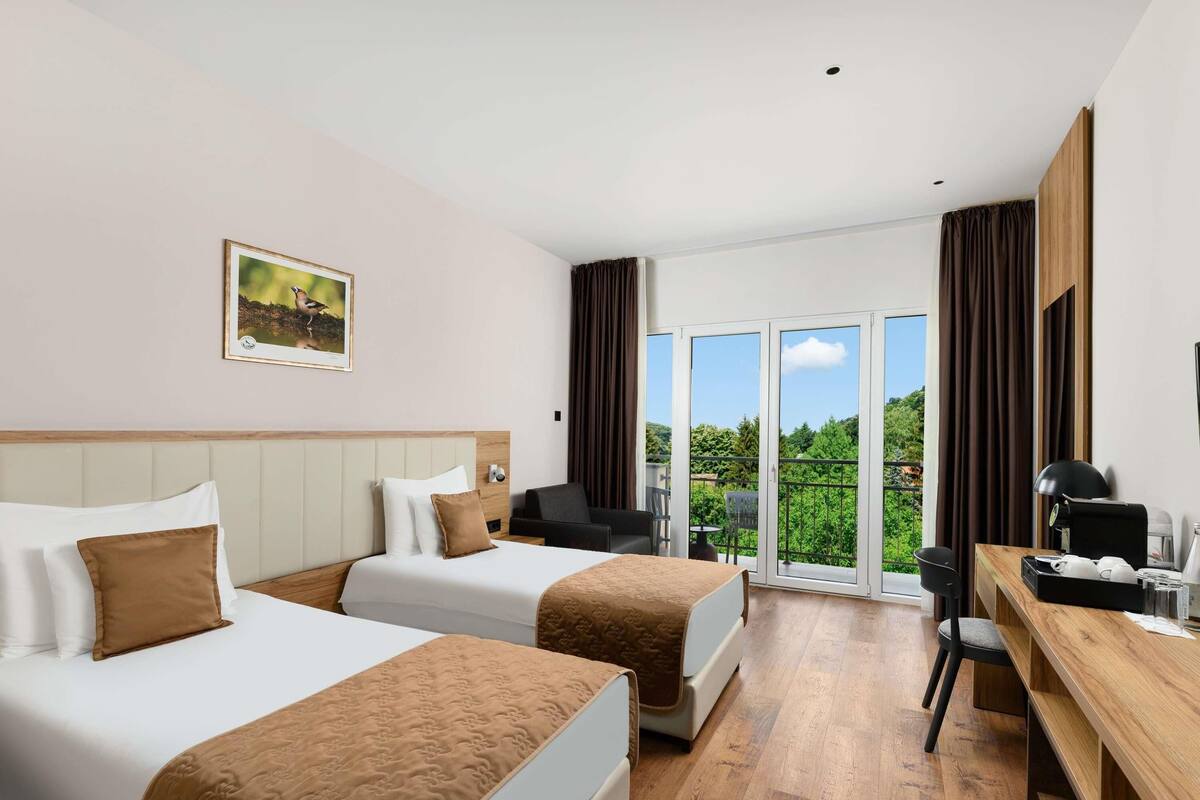 A hotel room with two beds, a desk, a chair, and a view of greenery through the windows.