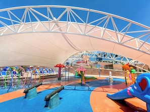 Indoor pool, seasonal outdoor pool, pool loungers, lifeguards on site