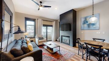 Televisión, chimenea, reproductor de DVD