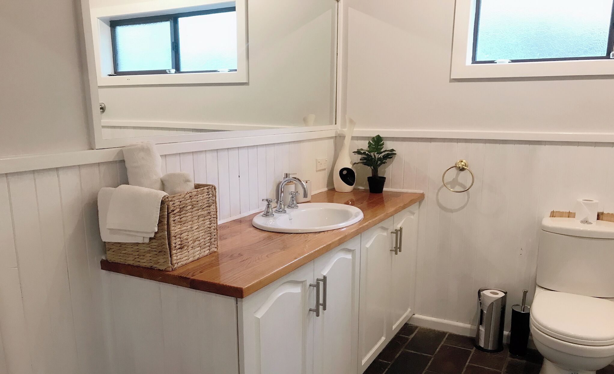 Hair dryer, towels, soap, toilet paper
