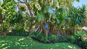 A lush garden with various plants and a statue of a seated figure.