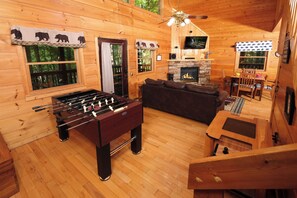 Smart TV, fireplace, video games, foosball