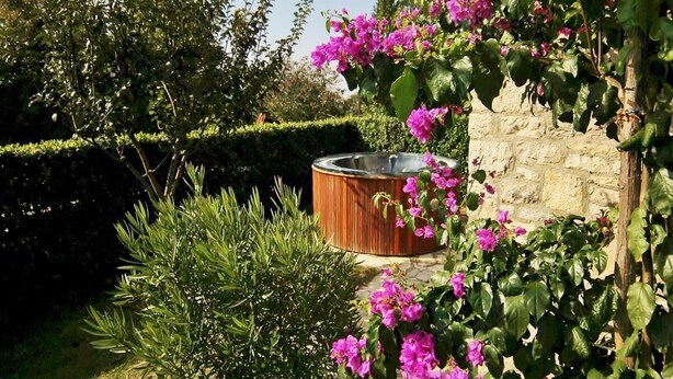 A garden with a hot tub, hedges, and flowering plants. - Holiday Homes Ana & Maria (Kanfanar)
