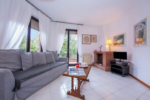 24-inch TV with digital channels, fireplace