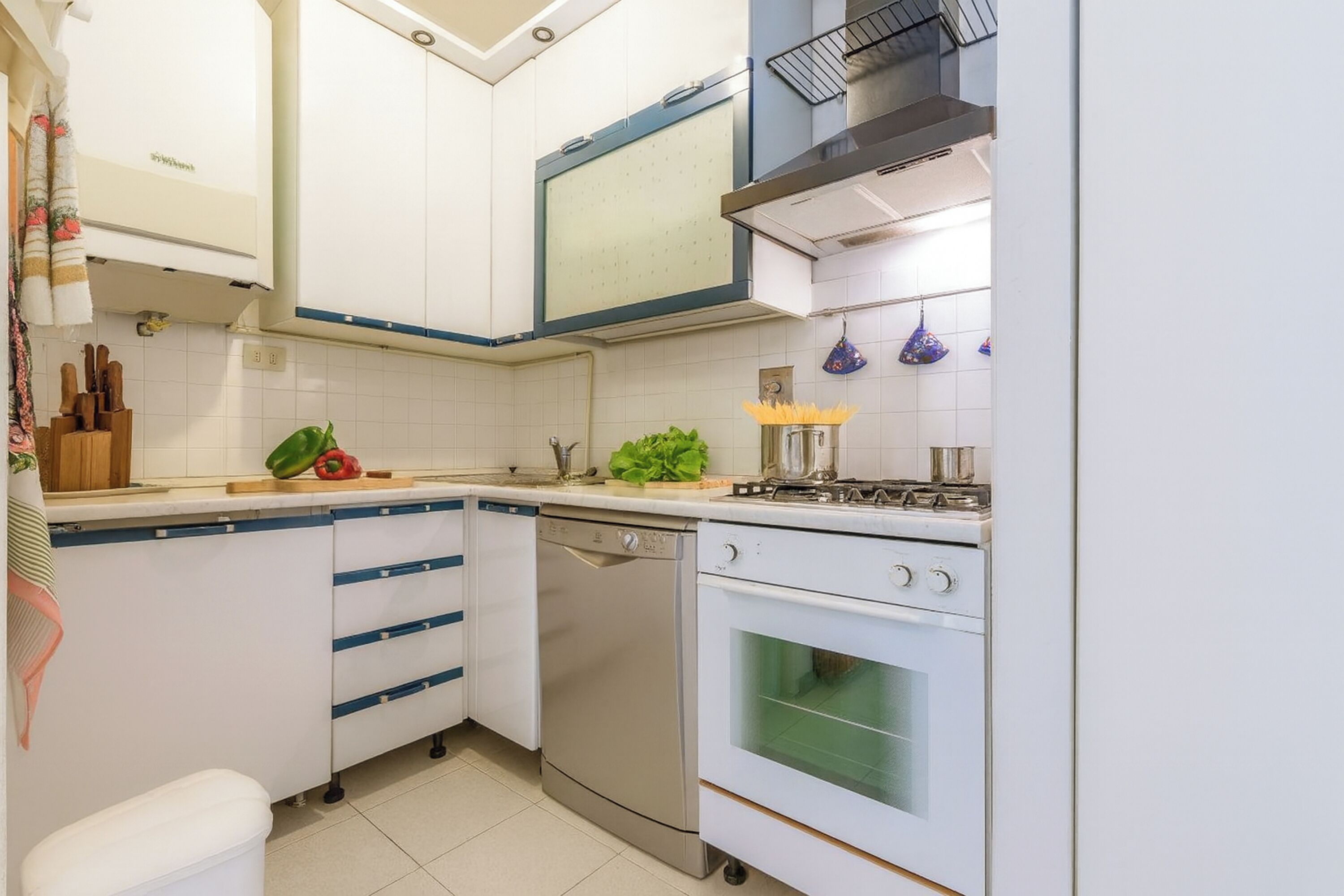 Full-size fridge, oven, stovetop, dishwasher