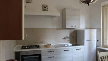 Full-sized fridge, oven, stovetop, dishwasher