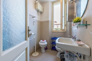 Een kleine badkamer met toilet, wastafel en douche.