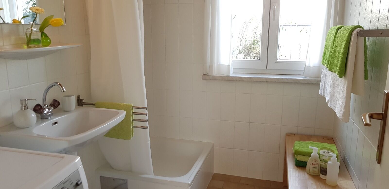 Shower, hair dryer, towels, toilet paper