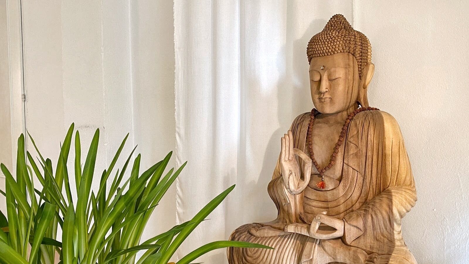 Une statue en bois représentant une figure assise, les mains jointes en position de prière, placée à côté d’une plante en pot.