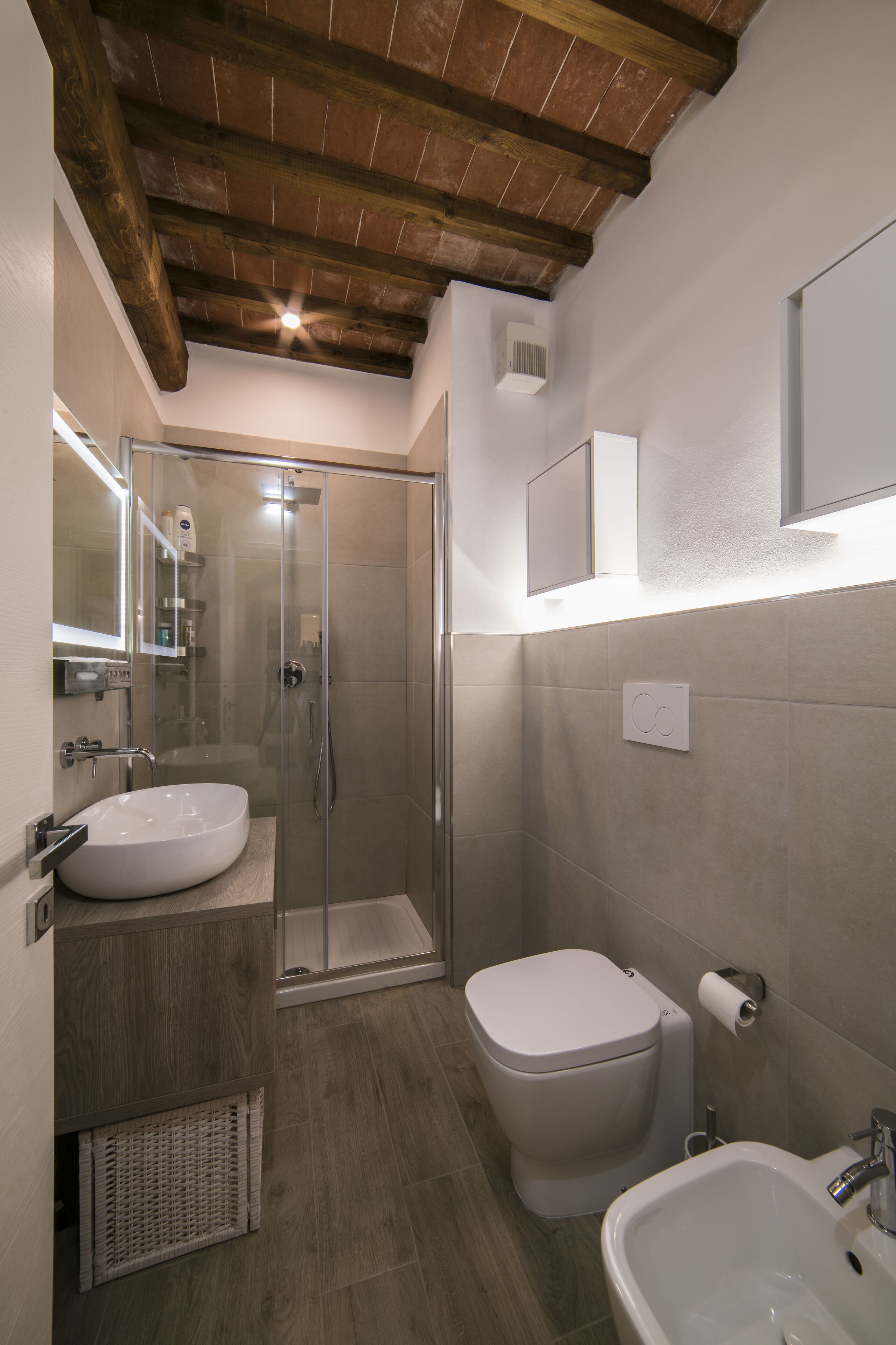 Shower, hair dryer, bidet, towels