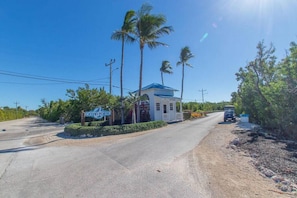 Un petit bâtiment avec une enseigne indiquant « Ocean Pointe » et un toit bleu, entouré de palmiers et bordé d’un chemin de terre.
