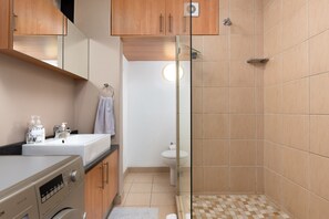 Dusche, Haartrockner, Handtücher, Toilettenpapier