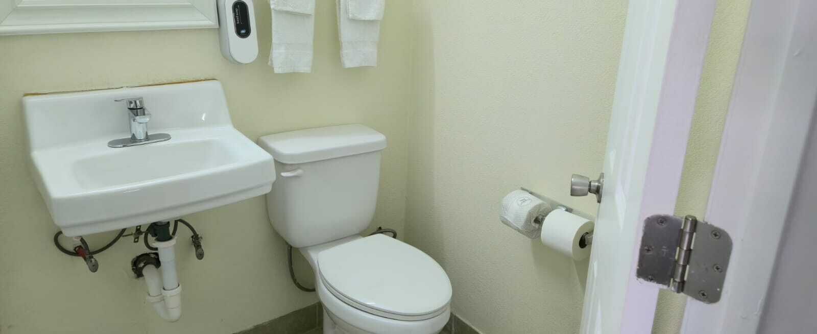 A bathroom with a white sink, toilet, and toilet paper.