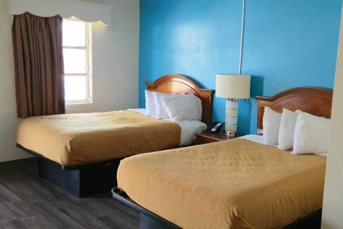 Une chambre d’hôtel avec deux lits, une table de chevet avec une lampe, une fenêtre avec des rideaux et une poubelle.