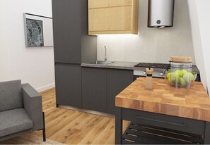 Appartement, 2 slaapkamers | Privékeuken | Een magnetron, een kookplaat, een vaatwasser, een waterkoker