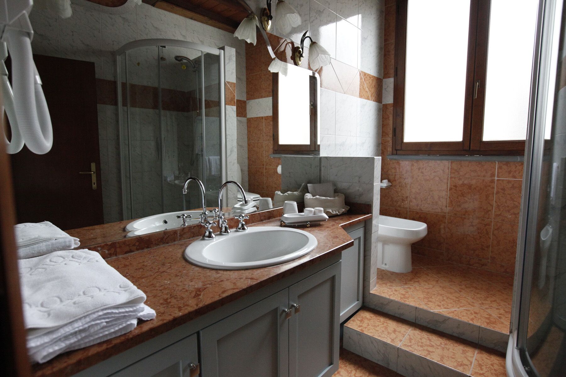 Shower, hair dryer, bidet, towels