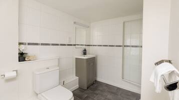 Een badkamer met toilet, wastafel, spiegel en douche.