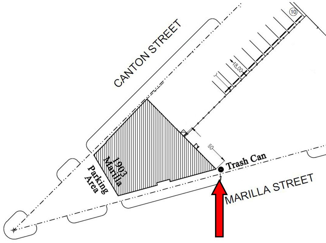 Eine Karte mit der Canton Street, der Marilla Street und einem markierten Parkbereich.
