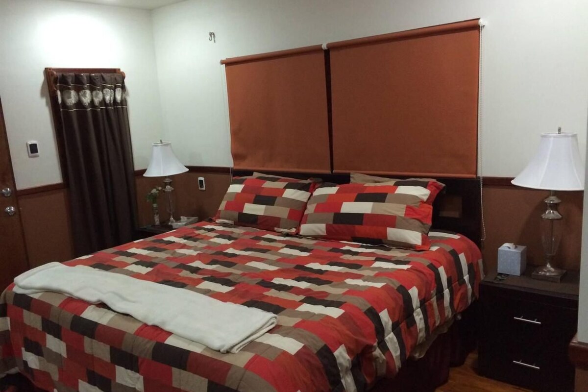 A bed with a checkered bedspread, a nightstand with a lamp, and a window with curtains.