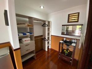 Habitación de hotel con piso de madera, armario con espacio para colgar, mesita con lavamanos y espejo sobre la mesita.
