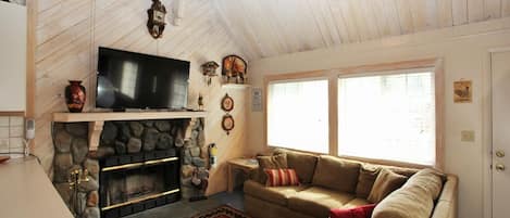 Smart TV, fireplace, foosball