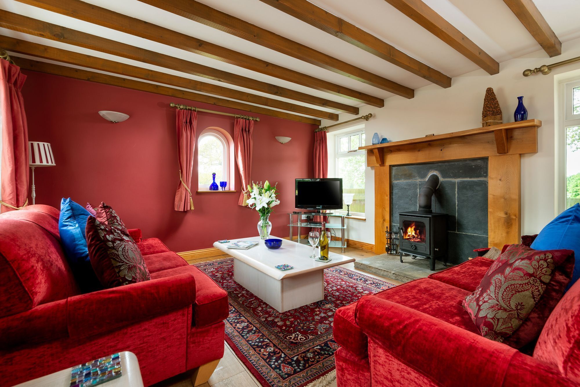 Smart TV, fireplace, books