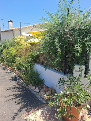 Área residencial com muro branco, cerca de bambu e uma rua.