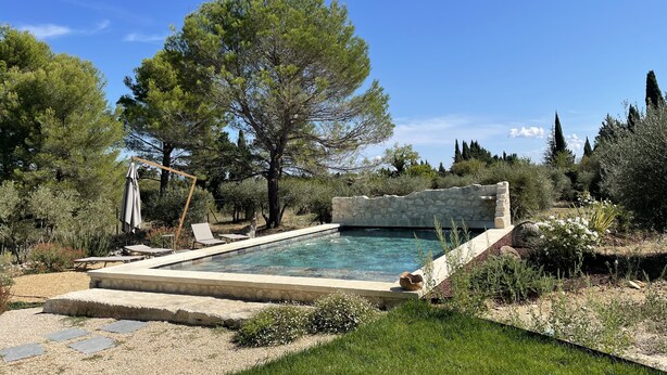 Piscina com degraus de pedra, cercada por vegetação e árvores.