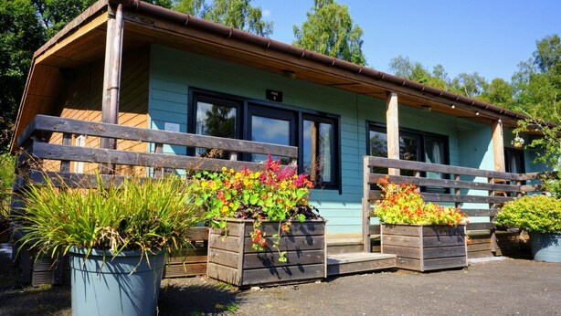 Une cabane dotée d’une terrasse en bois, de plantes en pot et d’un panneau indiquant « AMENDE : 8 ».