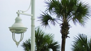 A balcony with a view of the ocean, palm trees, and a white fence. - Two Bedroom Deluxe Luxury Condo, Destin Florida (1985476) (Destin)