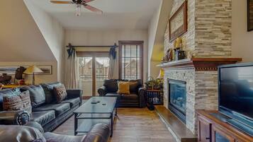 Televisión, chimenea y reproductor de DVD